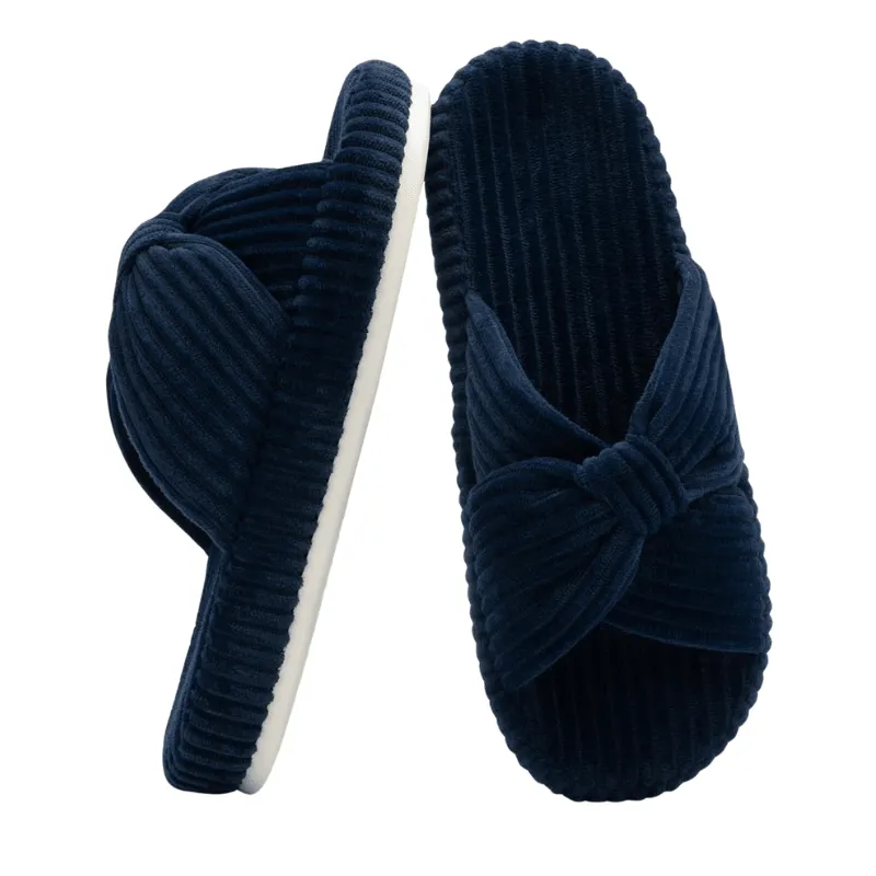 Corduroy Bow Open Toe Slippers – Soft Comfort for Everyday Wear