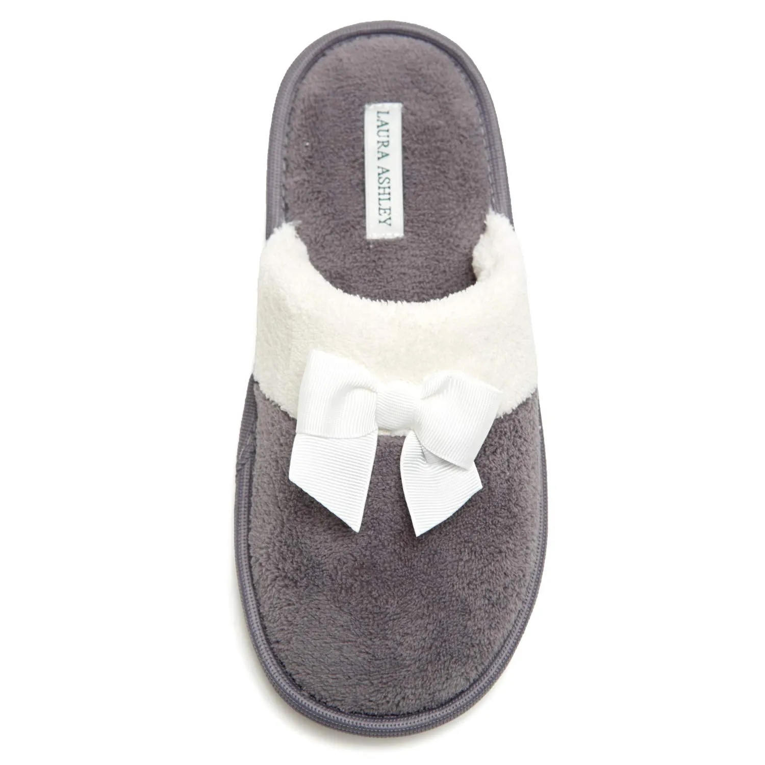 Laura Ashley Ladies Terry Scuff Slipper with Bow, Grey, X-Large