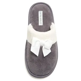Laura Ashley Ladies Terry Scuff Slipper with Bow, Grey, X-Large