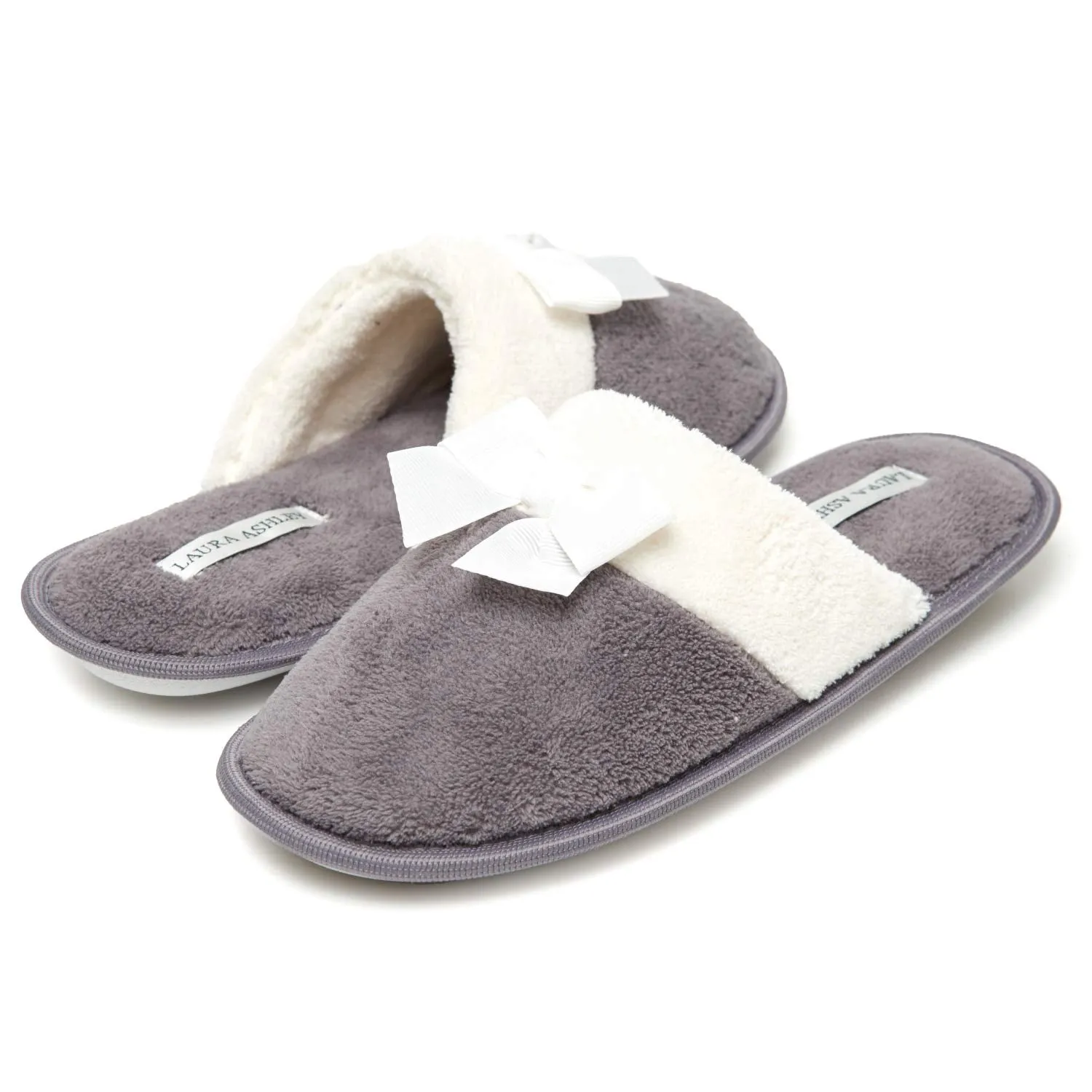 Laura Ashley Ladies Terry Scuff Slipper with Bow, Grey, X-Large