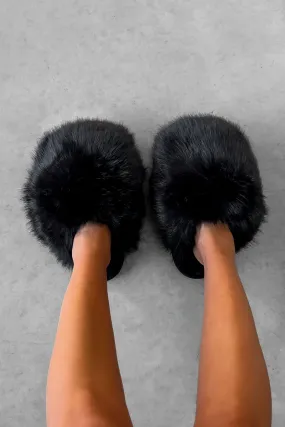 POLLY Faux Fur Oversized Slippers - Black